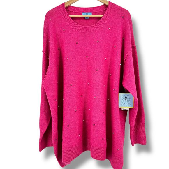 CeCe Studded Rhinestone Pullover Sweater Plus Size 3X Hot Pink Drop Shoulder - Picture 2 of 7